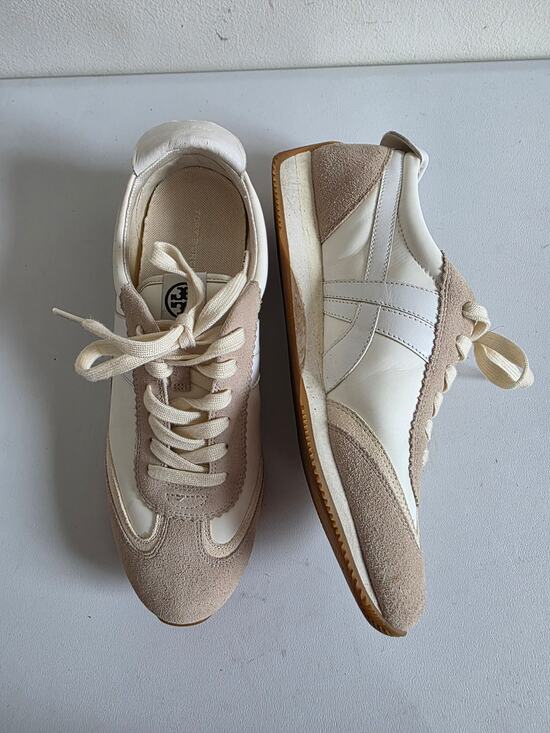 Tory Burch Shoes - Tory Burch Hank Logo Leather Suede Lace Up Sneakers White Beige Size 10